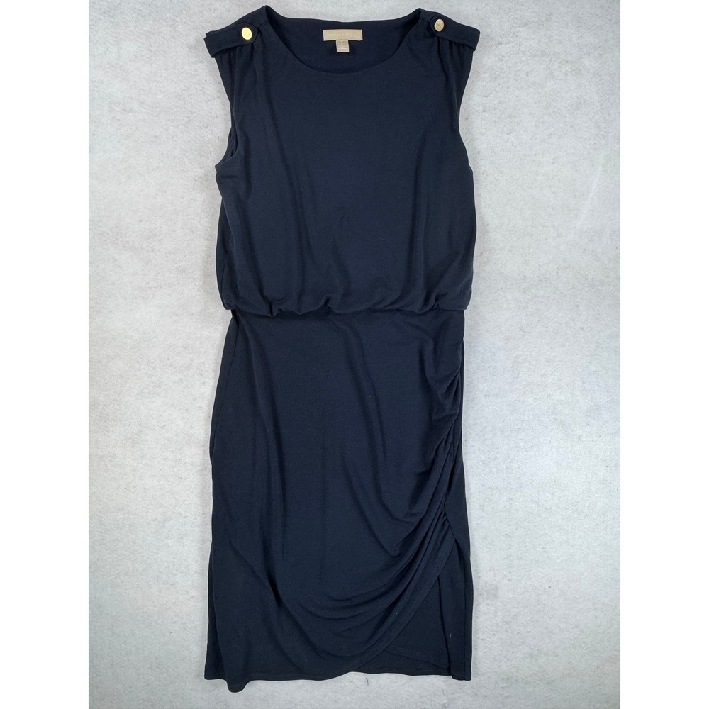 Banana Republic Navy Blue Draped Faux Wrap Sheath Dress Gold Buttons Tall Small